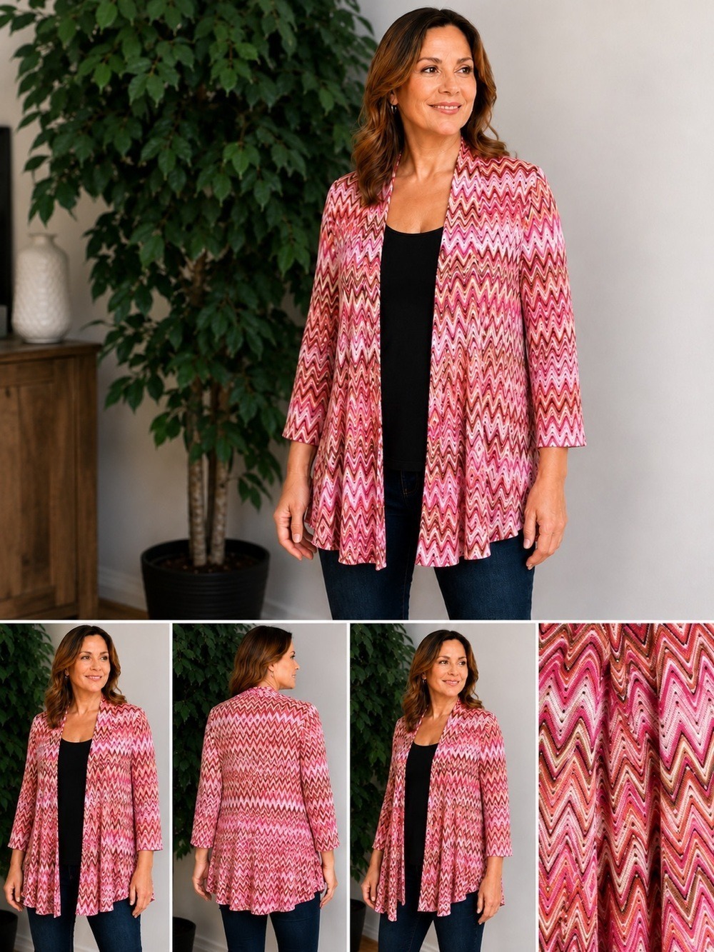 Notations Open Front Chevron Print Cardigan Size Large